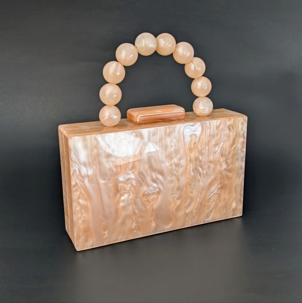 Orange Mother of Pearl Acrylic Box Clutch Purse Chunky Beaded Handle